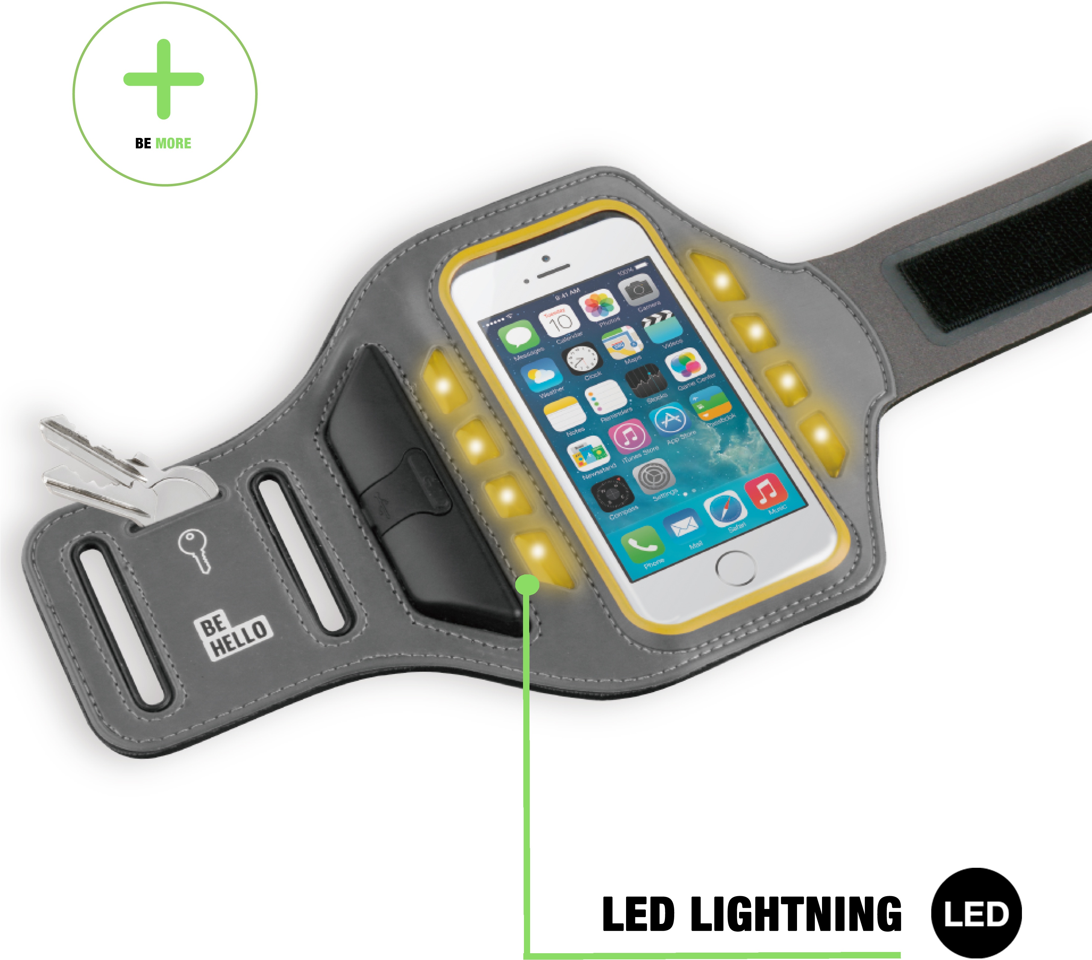 BeHello Universal Sportsarmband LED XL Grey/Yellow Geel Kenmerken