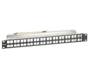 Intellinet 48-poorts afgeschermd leeg patchpanel, 1U, 19" keystone high-density ontwerp, uitneembare kabelmanagementbalk, geschikt voor Cat6/Cat6A modules, zwart