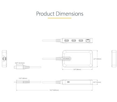 Startech.com 3-Port USB-C Hub met Ethernet, 3x USB-A , Gigabit Ethernet RJ45, USB 3.0 5Gbps, Bus-Powered, 30cm Kabel, Compacte Laptop USB Type-C Hub Adapter met GbE, Micro USB Voeding