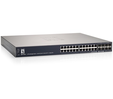 LevelOne 28-Port L2 Managed Gigabit PoE Switch, 802.3at/af PoE, 4 x SFP/RJ45 Combo, 4 x 10GbE SFP+, 185W, 24 PoE Outputs