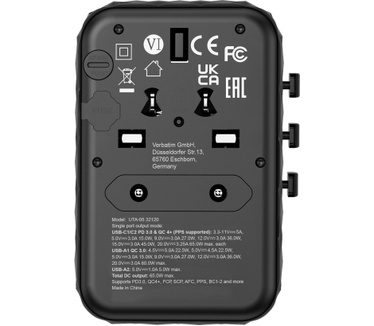 Verbatim GaN III universele reisadapter UTA-05 Met 2 x USB-C PD & QC 4+ & 2 x USB-A poorten