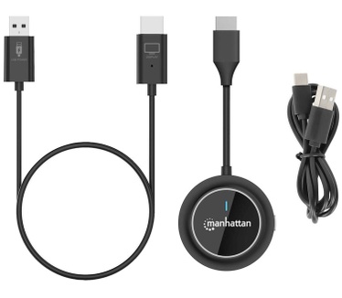 Manhattan Draadloze HDMI-presentatieset 1080p, 2-delige set met HDMI-ontvanger en HDMI-zender (dongle), voor draadloze videoweergave vanaf laptop, tablet of smartphone naar tv of HDMI-projector, zwart