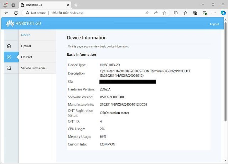 Huawei HN8010Ts-20 ONT - 2.1 - System Information - Device [Fiber connected]