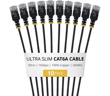 Startech.com 30cm Ultradunne Cat6a Ethernet Kabel, Zwart, 10-Pack, UTP, 34AWG Pure Koperdraad, Ultradunne RJ45 Patchkabel, Individueel Getest