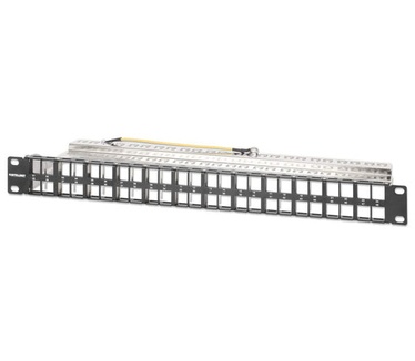 Intellinet 48-poorts afgeschermd leeg patchpanel, 1U, 19" keystone high-density ontwerp, uitneembare kabelmanagementbalk, geschikt voor Cat6/Cat6A modules, zwart