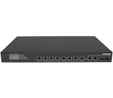 Intellinet 8-Port Gigabit Ethernet Ultra PoE Switch with 4 Uplink Ports and LCD Screen, 8 x PoE ports, IEEE 802.3bt Power over Ethernet (Ultra PoE), 2 x RJ45 Uplink, 2 x SFP Uplink, 380 W, Endspan, 19" Rackmount (Euro 2-pin plug)