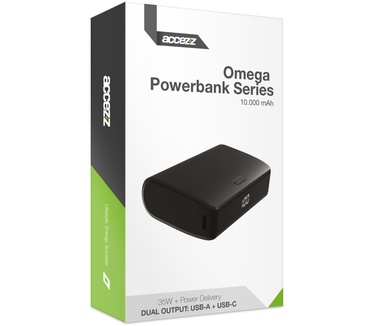 Accezz Omega Series - Powerbank - 10.000 mAh - USB-A & USB-C - Power Delivery - 35 Watt - Zwart