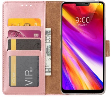 Luxe Lederen Bookcase hoesje voor de LG G7 ThinQ - Metallic Roze (LG G7 ThinQ) Rosé Goud