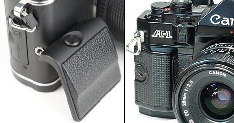Olympus E-P3 verwisselbare grip vs. Canon A-1 grip Olympus E-P3 verwisselbare grip vs. Canon A-1 grip