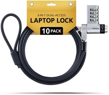 Startech.com 10-Pack 3-in-1 Dual-Access Laptop Kabelslot, 2m Beveiligingskabel met Gedeelde Sleutel en Combinatieslot, Noble Wedge&reg;/Nano/K-Slot, Anti-Diefstal, TAA