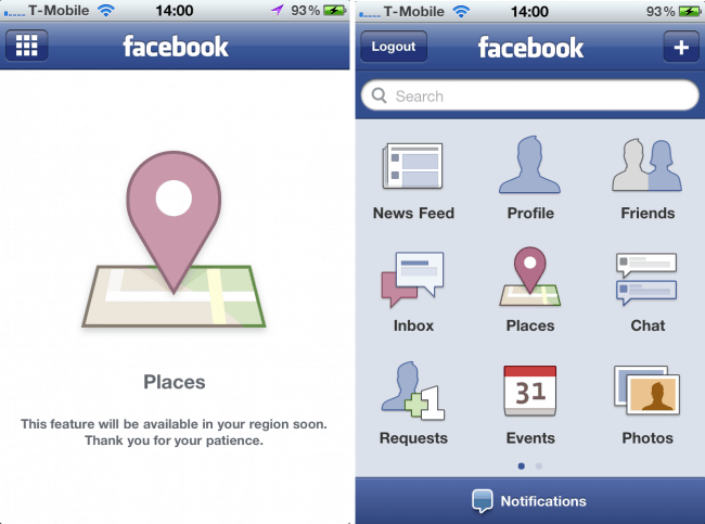Facebook Places op iPhone
