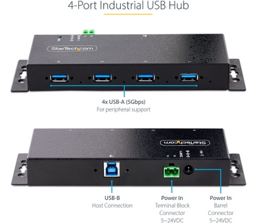 Startech.com 4-Port Industrial USB 3.0 Hub, 5Gbps, Rugged USB Hub met ESD en Overspanningsbeveiliging, DIN/Wand/Bureau Monteerbare USB-A Hub, USB Expander met Vergrendelbare Poorten, Heavy Duty