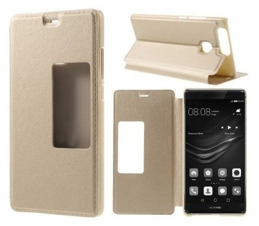 qMust Huawei P9 Window Leather Case - met wake/sleep functie - Gold