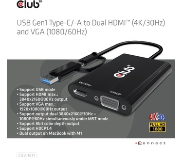 Club 3D USB Gen1 Type-C/-A to Dual HDMI (4K/30Hz) / VGA (1080/60Hz)