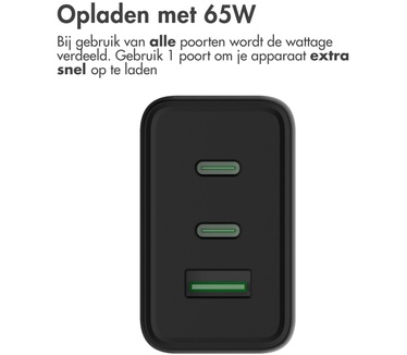 Accezz Power Pro GaN Ultra Fast Wall Charger - Oplader 2x USB-C & USB aansluiting - Snellader - Power Delivery - 65W - Zwart