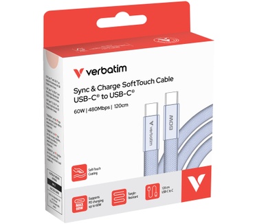 Verbatim SoftTouch-kabel voor synchroniseren en opladen, 60 W USB-C naar USB-C | 120 cm | Paars