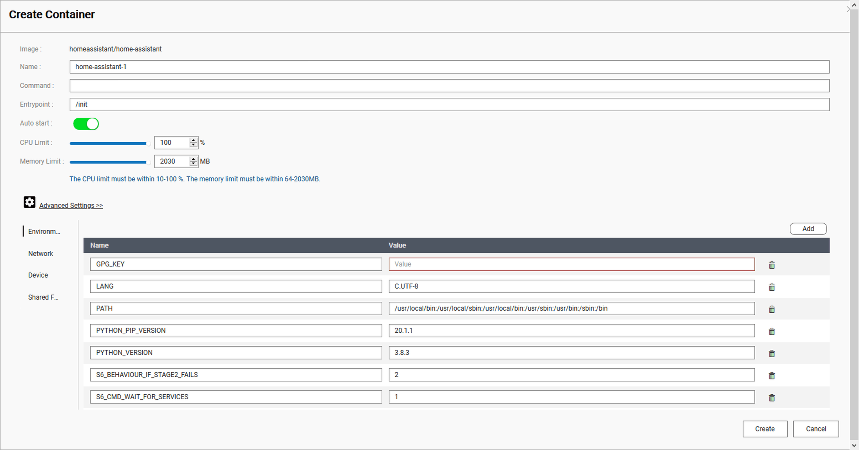 Container Station Create Settings