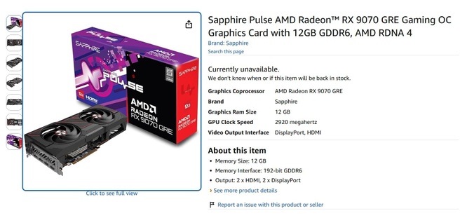 Sapphire Pulse RX 9070 GRE bij Amazon. Bron: Wccftech