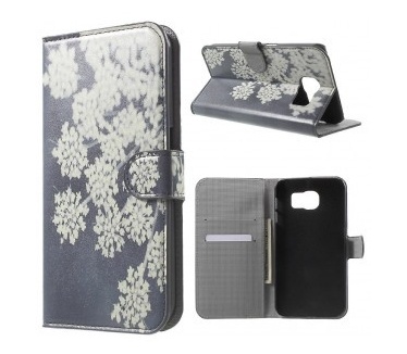 qMust Samsung Galaxy S7 Plus Wallet Case - hoesje met stand - White Flowers