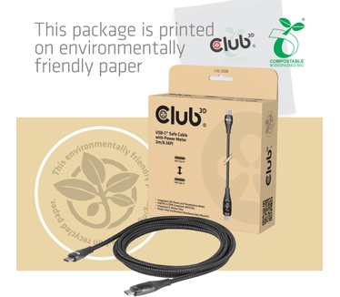 Club 3D Veilige USB-C®-kabel met vermogensmeter, 240 W, geen dataoverdracht, 2 m