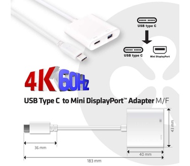 Club 3D USB 3.1 Type C to Mini DisplayPort 1.2 and PD 60 Watt Adapter Wit