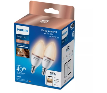 Philips Slimme LED-lamp C37, E14-fitting, 470 lm, 2-pack