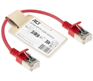 ACT Rode 0,15 meter LSZH S/FTP CAT6A slimline patchkabel snagless met RJ45 connectoren