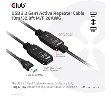 Club 3D USB 3.2 Gen1 Active Repeater Cable 10m / 32.8ft M/F 28AWG