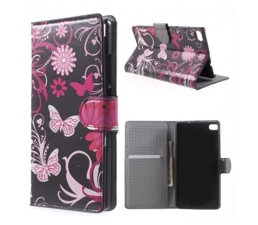 qMust Huawei P8 Lite Wallet Case - hoesje met stand - Butterfly Flowers