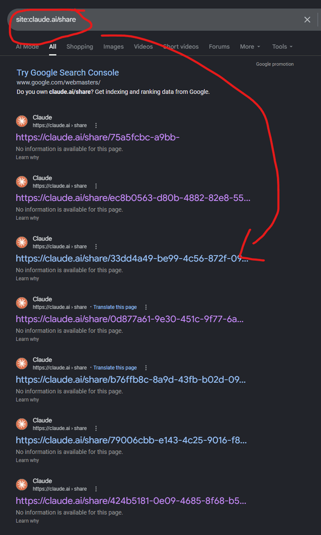 Screenshot van Claude-gesprekken in de zoekresultaten. Bron: -void1 via Reddit