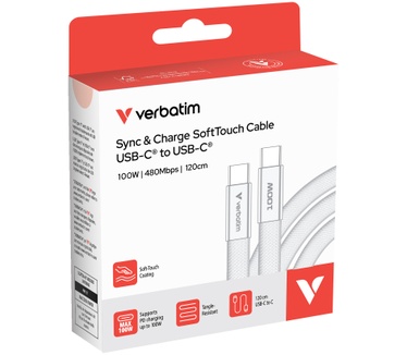 Verbatim SoftTouch-kabel voor synchroniseren en opladen, 100 W USB-C naar USB-C | 120 cm | Wit