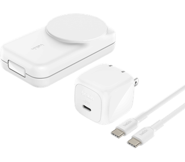 Belkin UltraCharge 3-in-1 magnetische uitklapbare draadloze lader met Qi2 25 W, vierkant model, Wit