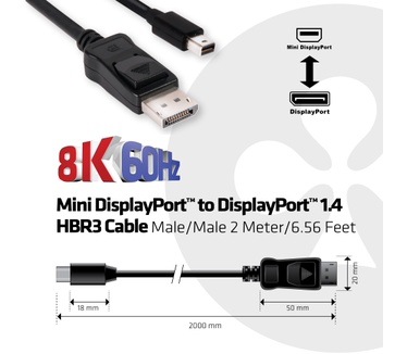 Club 3D Mini DisplayPort to DisplayPort 1.4 HBR3 8K60Hz Cable 2 Meter Zwart