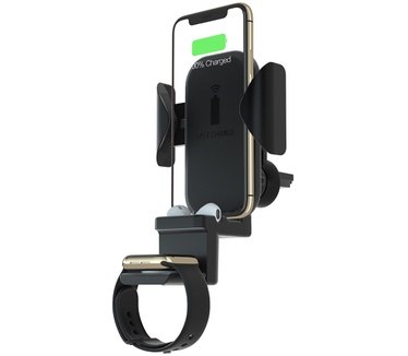 Terratec ChargeAir All Car. Type mobiele apparatuur: Mobiele telefoon/Smartphone, Smartwatch, Soort: Actieve houder, Correct gebruik: Auto, Kleur van het product: Zwart (Watch, AirPods, iPhone)