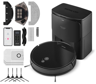 SENCOR EasyClean+ 6485BK Robotstofzuiger met dweilfunctie, sterk, automatisch leegmaken, ultraplat, hoge prestaties, langere looptijd, voor alle vloertypes, multifunctionele robotstofzuiger