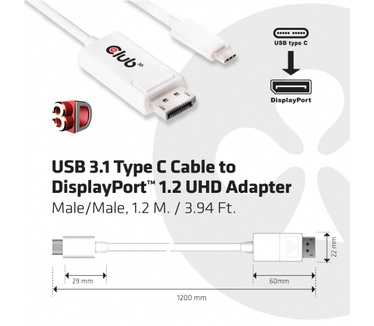 Club 3D USB 3.1 Type C to DisplayPort 1.2 Kabel UHD Adapter M/M 1.2 meter