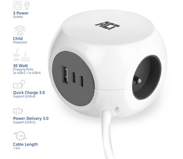 ACT AC2425 Stekkerdoos kubus met 3 type E stopconten, 30W Power Delivery USB-C/A poorten, kabellengte 1,5m