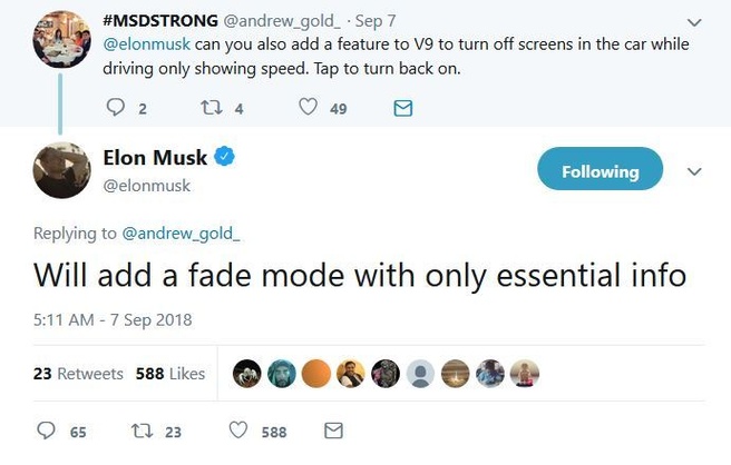 Musk tweet Fade Mode in Tesla UI