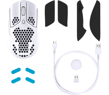 HP HyperX Pulsefire Haste Draadloze gamingmuis - ultralicht, 62 g, 100 uur accuduur, 2,4 GHz draadloos, Honeycomb Shell, Hex Design, tot 16000 dpi, 6 programmeerbare toetsen - wit/roze