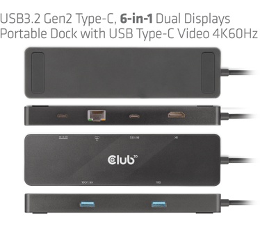 Club 3D USB3.2 Gen2 Type-C, 6-in-1 Dual Displays Portable Dock with USB Type-C Video 4K60Hz