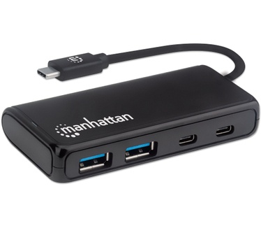 Manhattan USB-C Hub/Dock, USB-C to 2x USB-C and 2x USB-A ports, 5 Gbps (USB 3.2 Gen1), Bus Power, Cable 13.5cm, Black