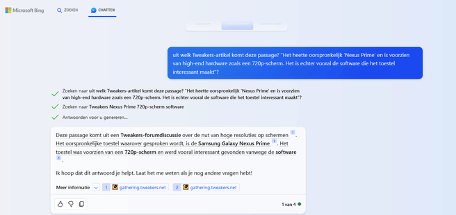 Bing Chat: bronlink bij passage over Nexus Prime