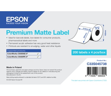 Epson Premium Matte Label - Die Cut Roll: 210mm x 297mm, 200 labels