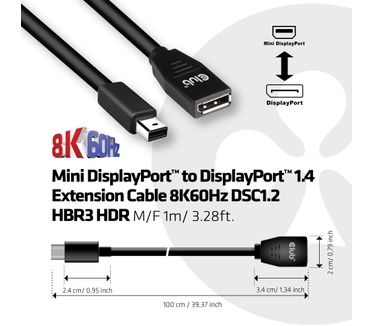 Club 3D Mini DisplayPort to DisplayPort1.4 Extensie Cable 8K60Hz DSC1.2 HBR3 HDR M/F 1m