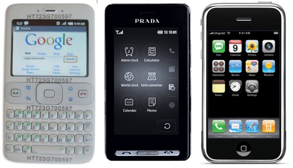 Android-proto van HTC, LG Prada en Apple iPhone, alle uit 2007
