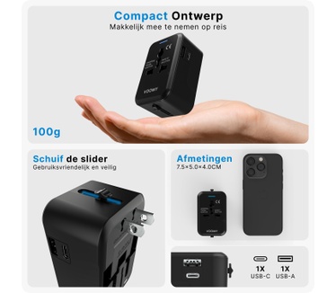 Voomy Universele Wereldstekker - 150+ Landen - 2 USB Poorten - Reisstekker Wereld - Zwart