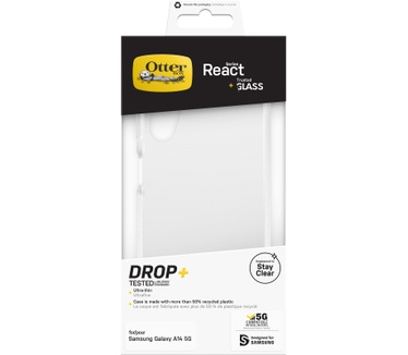 Otterbox OtterBox Drop Protection-bundel voor Galaxy A14 5G; React doorzichtige behuizing getest volgens militaire standaard en prestatie glazen schermbeschermer 2x antikrastechnologie