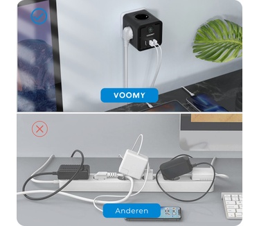 Voomy Cube Verdeelstekker 7-Voudig - Stopcontact Splitter - 3 USB Poorten - Stekkerdoos - Zwart