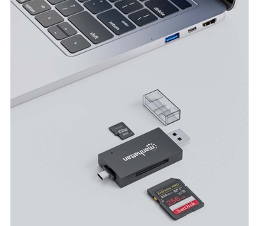 Manhattan USB-A/USB-C multiformaat kaartlezer/-schrijver, 5 Gbps (USB 3.0), male connector naar microSD- en SD/MMC-slots, mini-formaat, compatibel met Windows of Mac, zwart/transparant, 3 jaar garantie