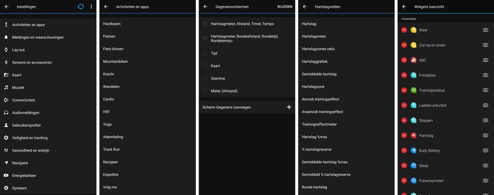 Garmin Connect app - horlogeinstellingen